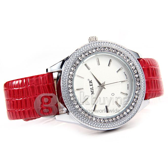 MILER A8235 Unisex Silver Case Crocodile Leather Band Analog Quartz Watch With Diamond - Red