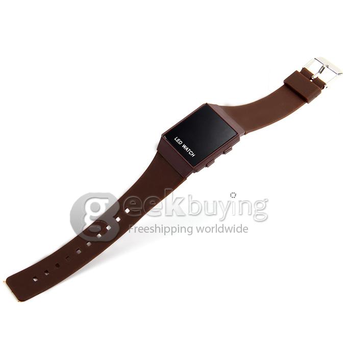 Unisex LED Digital Bright Colorful Square Case Silicone Strap Quartz Wrist Watch - Brown