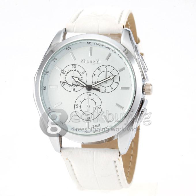 ZHONGYI Z-807 Men's Fashion White Dial White PU Band Analog Quartz Watch - White