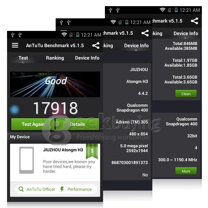 Atongm H3 4.5 inch WVGA Qualcomm MSM8926 Quad Core 1.2GHz Smartphone Android 4.4 1GB RAM 8GB ROM 4G WiFi GPS - Black