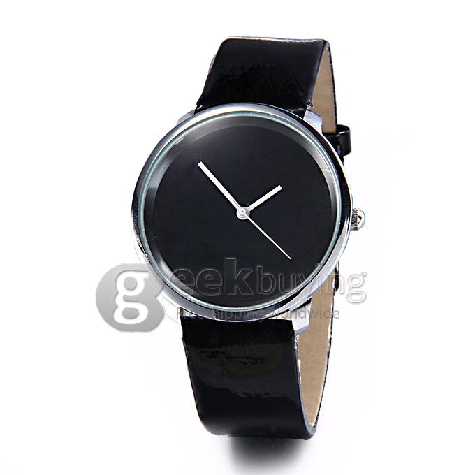 Unisex Simple Round Dial Black Leather Band Analog Quartz Wrist Watch - Black