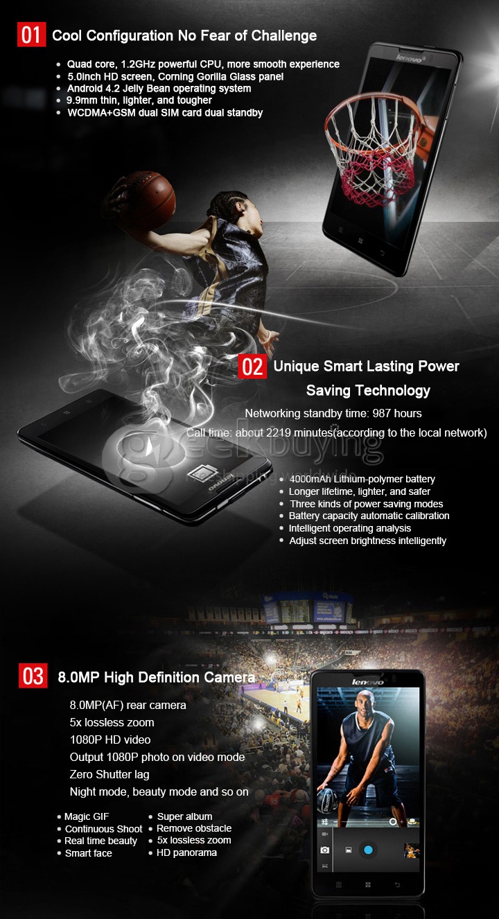 Lenovo P780 5.0 Inch Gorilla Glass II IPS HD Retina Screen MTK6589 Quad Core Smartphone 1GB RAM+4GB ROM Android 4.2 OS GPS/3G/OTG/Multi-language-Black