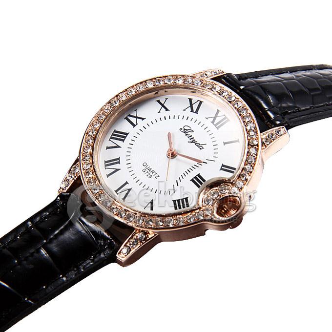 G729 Lady Style Casual Crocodile Leather Band Analog Quartz Watch with Diamond for Woman - Black