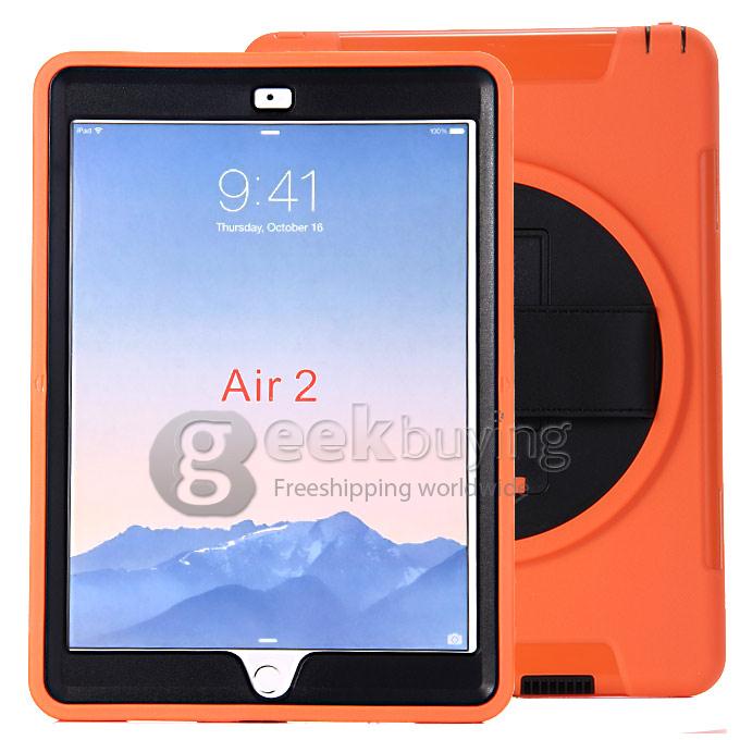 New Silicon 360 Full Degree Rotating Case Cover with Hand Tether Strap for Apple iPad Air 2 - Orange
