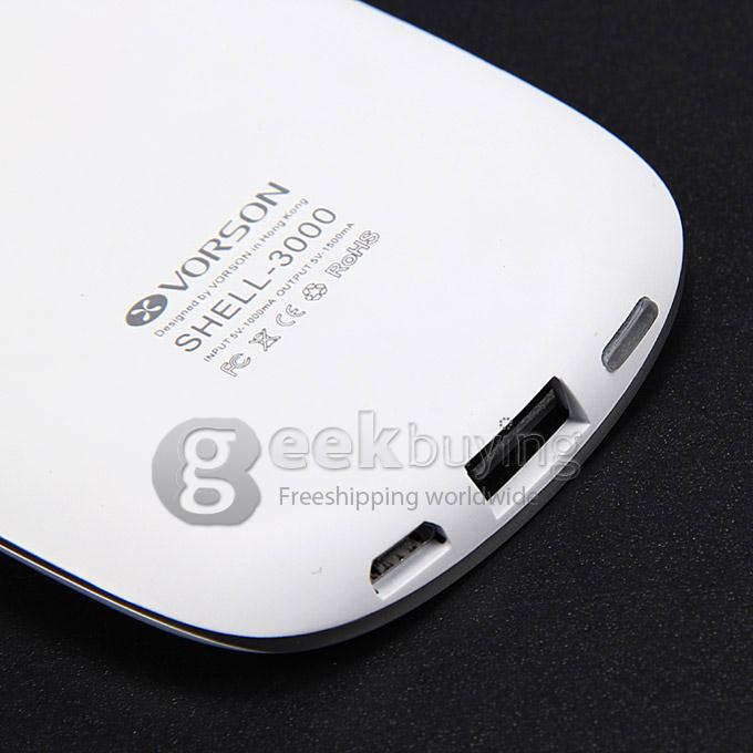Vorson SHELL II 3000mAh 8mm Ultra Slim Power Bank External Li-polymer Battery 1.5A for iPhone iPad Smartphone - White