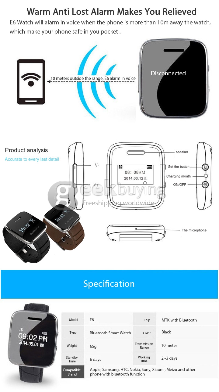 E6 Bluetooth 3.0 Smart Leather Band Watch Wristwatch for Man Woman Phonebook Call SMS Sync for Android iOS Device -Black