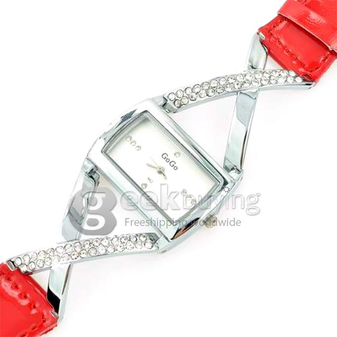 GOGO 862 Woman's Fashion Leather Band Analog Quartz Watch with Diamond - Red