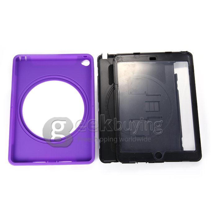 New Silicon 360 Full Degree Rotating Case Cover with Hand Tether Strap for Apple iPad Air 2 - Purple