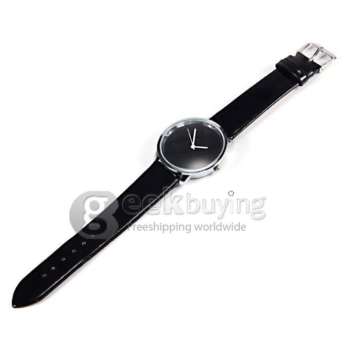 Unisex Simple Round Dial Black Leather Band Analog Quartz Wrist Watch - Black