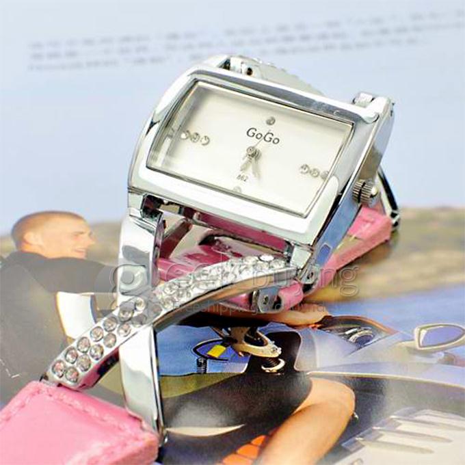 GOGO 862 Woman's Fashion Leather Band Analog Quartz Watch with Diamond - Pink