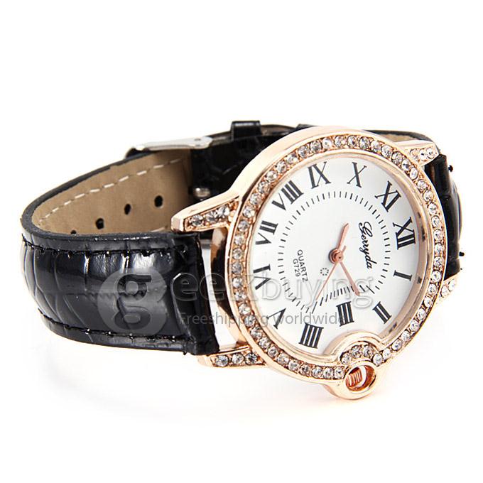 G729 Lady Style Casual Crocodile Leather Band Analog Quartz Watch with Diamond for Woman - Black