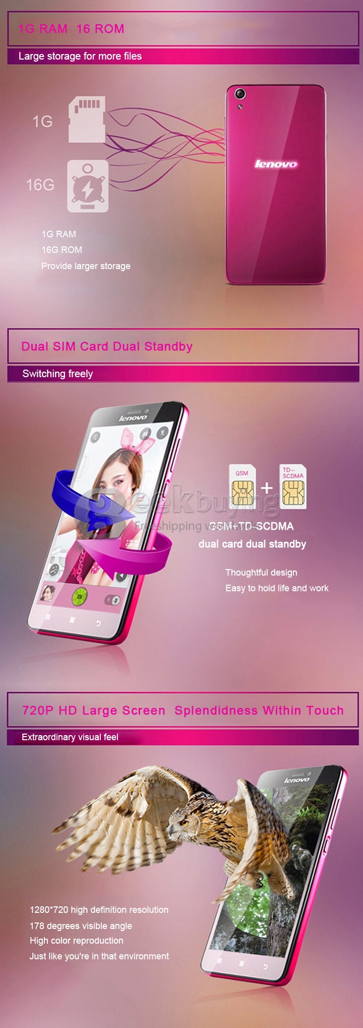Lenovo S850 5.0 Inch Android 4.4 Smartphone MTK6582 Quad Core 1.3GHz 1GB RAM 16GB ROM HD Gorilla Glass - Pink