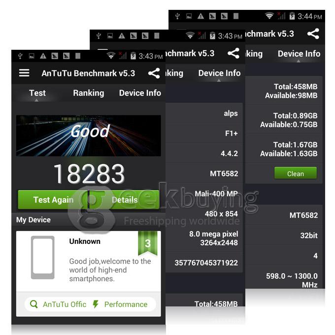 Mpie F1+ 5.0 Inch 854 x 480 pixels MTK6582 Quad Core 1.3GHz Smartphone Android 4.4 4GB ROM 3G GPS - White