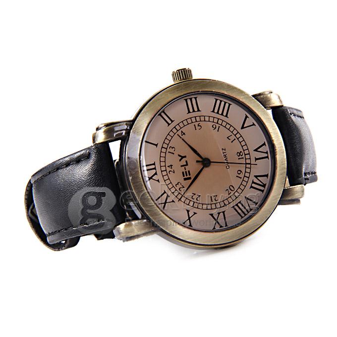 E-LY Unisex Fashion Vintage Round Dial Rome Calibration Leather Band Analog Quartz Watch - Black