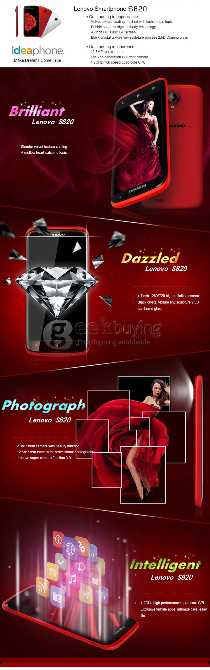 lenovo S820 4.7Inch MTK6589 Quad core Smartphone IPS HD Retina Screen 1GB RAM 4GB ROM Android 4.2 OS GPS 3G - White
