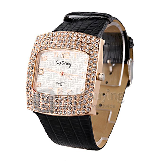 GOGO 104 Woman's Fashion Crocodile Leather Band Analog Quartz Watch with Diamond - Black