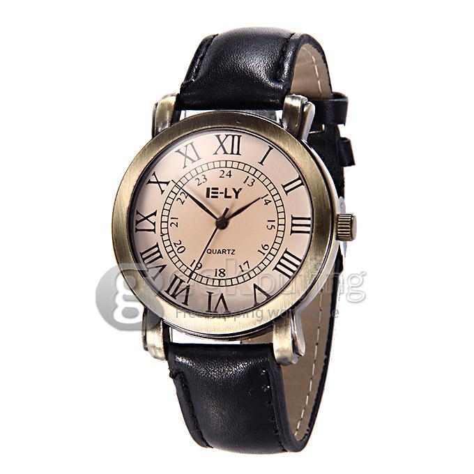 E-LY Unisex Fashion Vintage Round Dial Rome Calibration Leather Band Analog Quartz Watch - Black