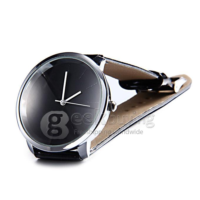 Unisex Simple Round Dial Black Leather Band Analog Quartz Wrist Watch - Black