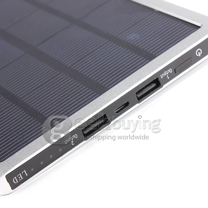 Aluminum Mobile 10000mAh Dual USB Charger Solar Power Bank 1A/2A for iPhone/iPad/Galaxy Pad - Silver
