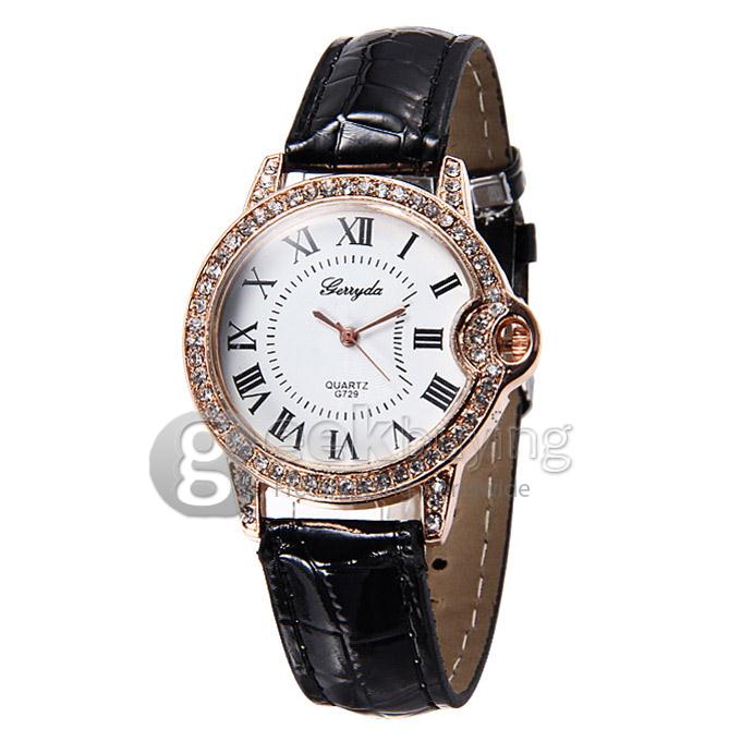 G729 Lady Style Casual Crocodile Leather Band Analog Quartz Watch with Diamond for Woman - Black