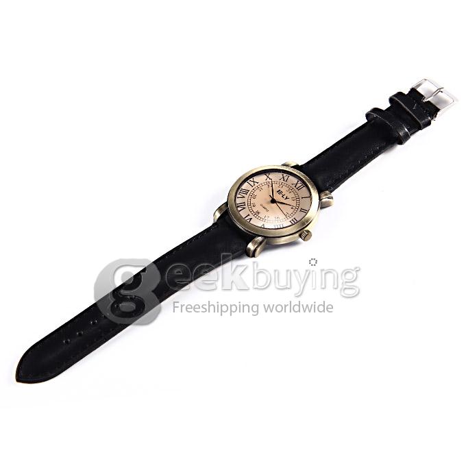 E-LY Unisex Fashion Vintage Round Dial Rome Calibration Leather Band Analog Quartz Watch - Black