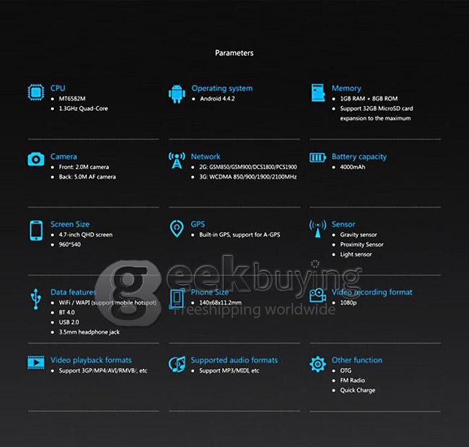 THL 4000 MTK6582 Quad Core 1.3GHz 4.7 Inch Smartphone Android 4.4 1GB RAM 8GB ROM 4000mAh OTG QHD 3G GPS 5.0MP - Black