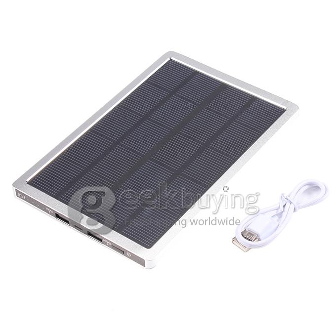 Aluminum Mobile 10000mAh Dual USB Charger Solar Power Bank 1A/2A for iPhone/iPad/Galaxy Pad - Silver