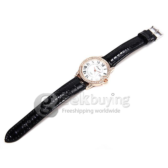 G729 Lady Style Casual Crocodile Leather Band Analog Quartz Watch with Diamond for Woman - Black
