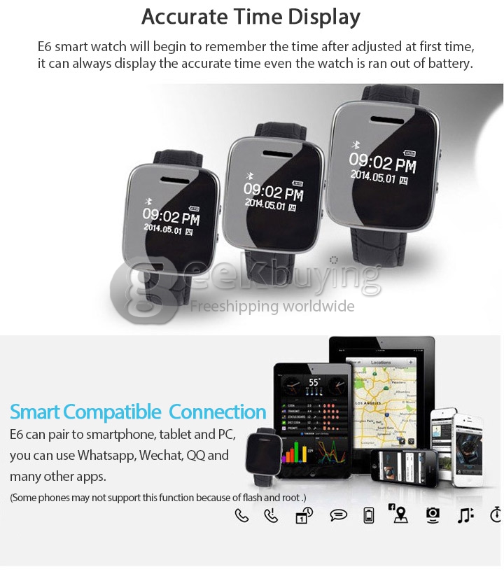 E6 Bluetooth 3.0 Smart Leather Band Watch Wristwatch for Man Woman Phonebook Call SMS Sync for Android iOS Device -Black