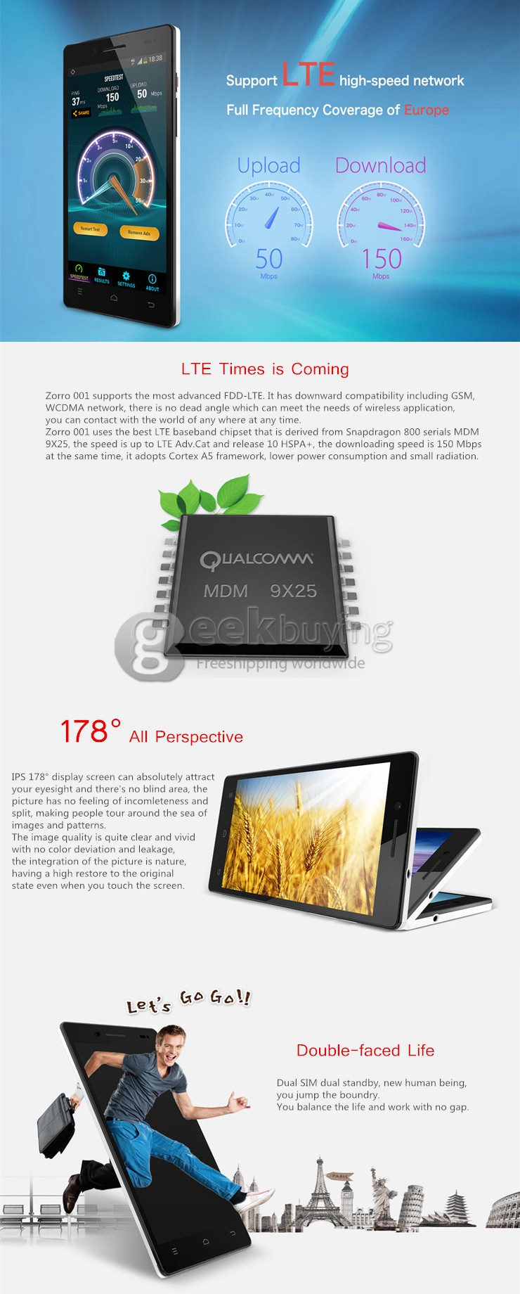 Cubot ZORRO 001 Qualcomm MSM8916 Quad Core 1.2GHz 5 inch Smartphone HD IPS Android 4.4 1GB 8GB 8MP 2MP 4G FDD-LTE -White