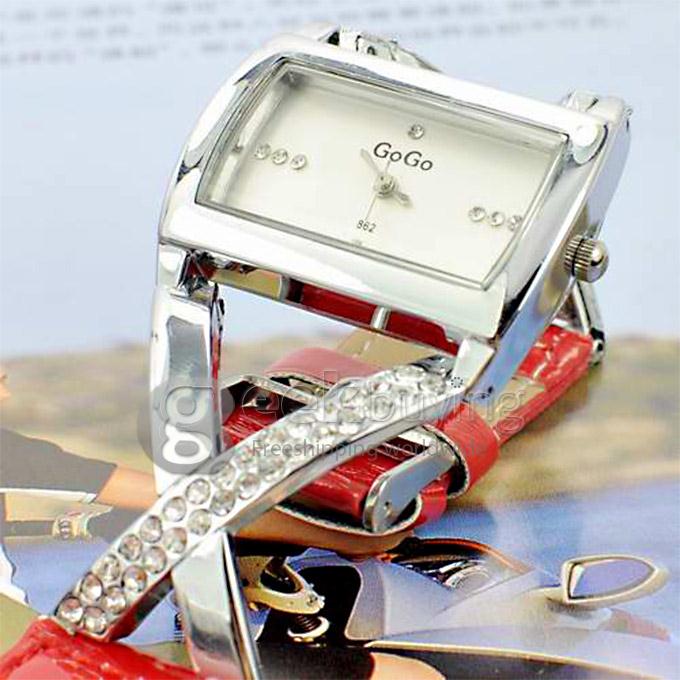 GOGO 862 Woman's Fashion Leather Band Analog Quartz Watch with Diamond - Red