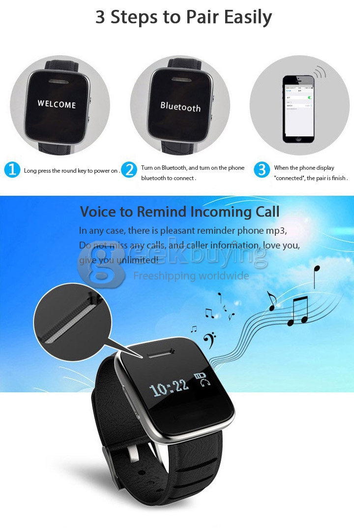 E6 Bluetooth 3.0 Smart Leather Band Watch Wristwatch for Man Woman Phonebook Call SMS Sync for Android iOS Device -Black