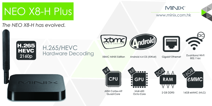 MINIX NEO X8-H Plus Amlogic S812-H Quad Core Android 4.4 Mini TV Box HDMI 2G/16G 4K 802.11AC 2.4G/5.0G WIFI 1000M LAN BT XBMC KODI with Free Minix A2 Lite Air Mouse- Black