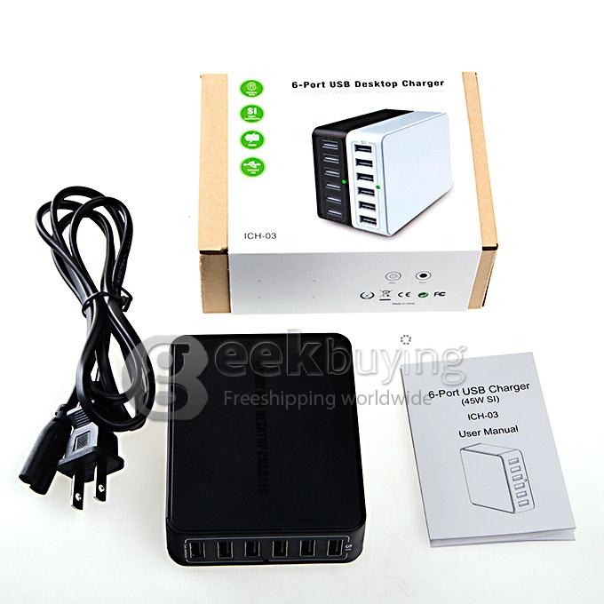 6 Port USB Family Travel Desktop USB Charger Adapter For iPhone Samsung Sony 33W - Black
