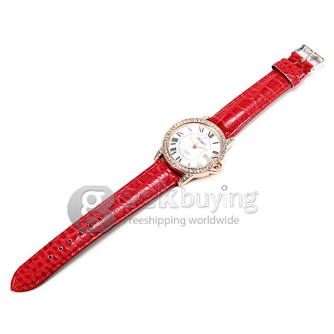 G729 Lady Style Casual Crocodile Leather Band Analog Quartz Watch with Diamond for Woman - Red