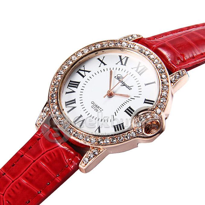 G729 Lady Style Casual Crocodile Leather Band Analog Quartz Watch with Diamond for Woman - Red