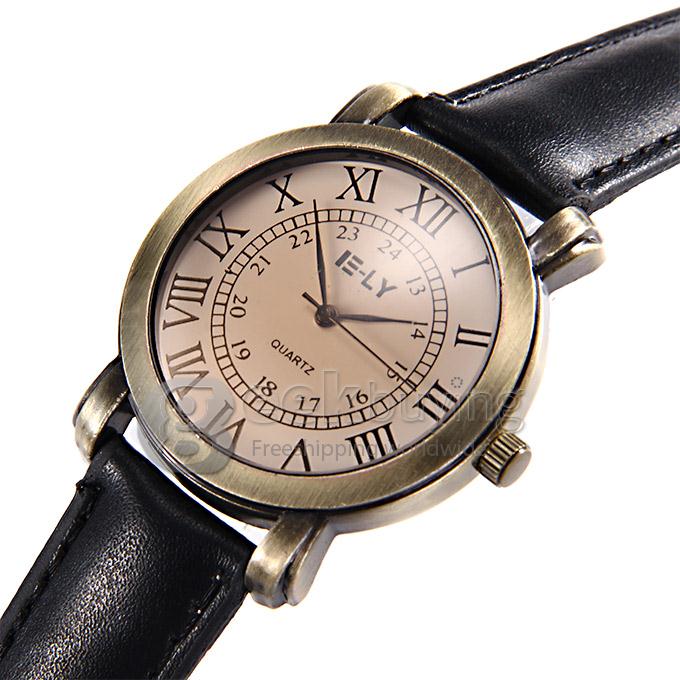 E-LY Unisex Fashion Vintage Round Dial Rome Calibration Leather Band Analog Quartz Watch - Black