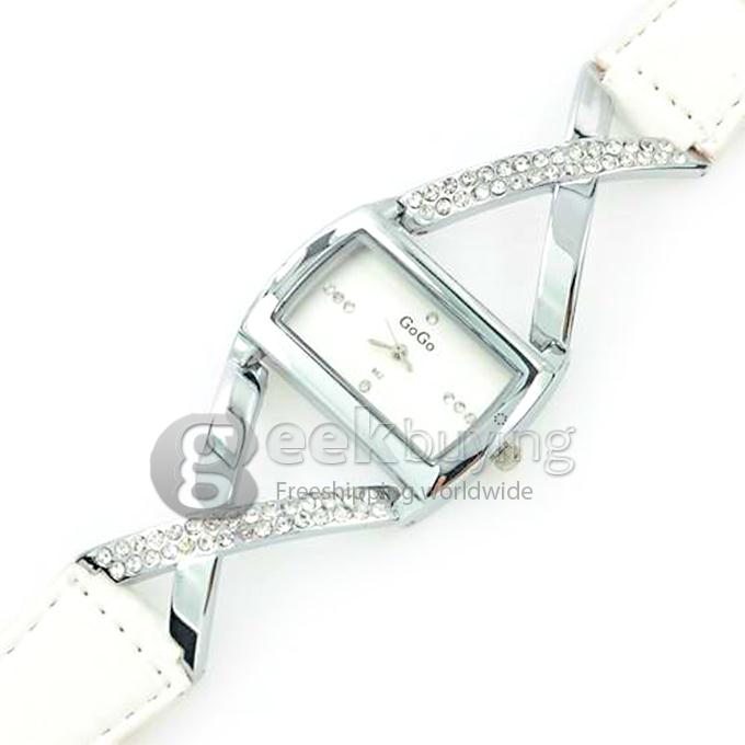 GOGO 862 Woman's Fashion Leather Band Analog Quartz Watch with Diamond - White