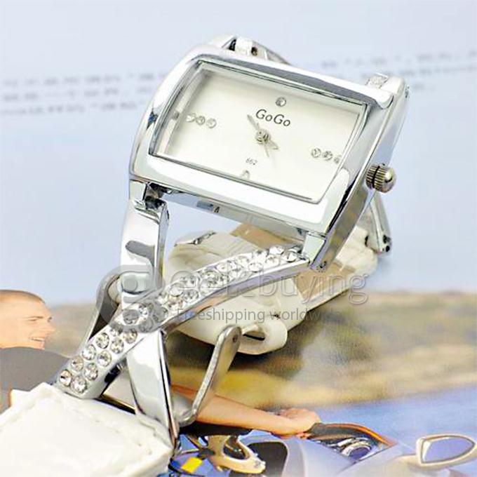 GOGO 862 Woman's Fashion Leather Band Analog Quartz Watch with Diamond - White