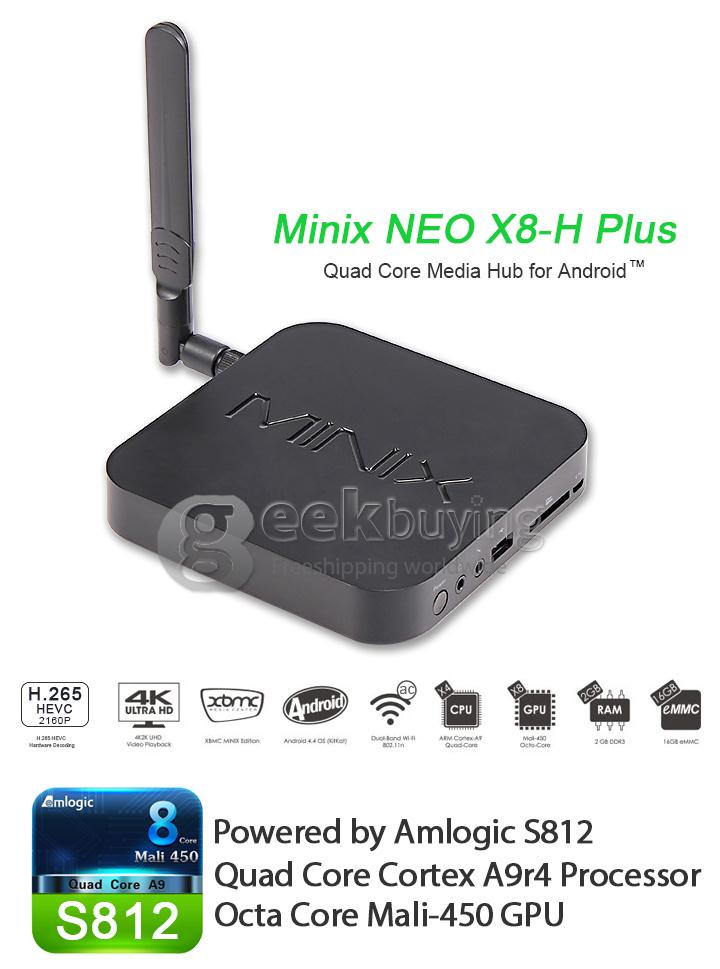 MINIX NEO X8-H Plus Amlogic S812-H Quad Core Android 4.4 Mini TV Box HDMI 2G/16G 4K 802.11AC 2.4G/5.0G WIFI 1000M LAN BT XBMC KODI with Free Minix A2 Lite Air Mouse- Black