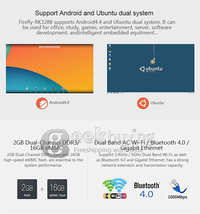 Firefly RK3288 Quad Core Cortex-A17 Processors Development Board 2G/16G Android Ubuntu Dual System 2.4G/5G WIFI HDMI 2.0 Bluetooth 1000M Ethernet