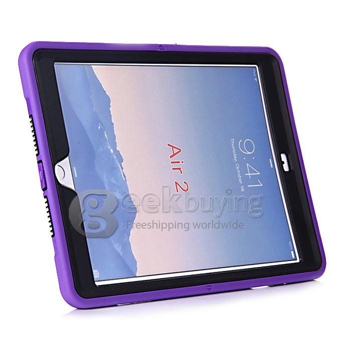New Silicon 360 Full Degree Rotating Case Cover with Hand Tether Strap for Apple iPad Air 2 - Purple