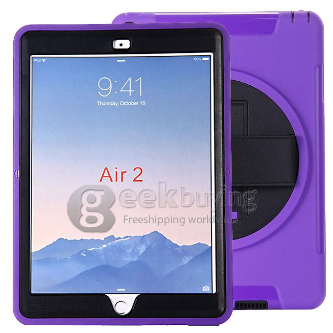 New Silicon 360 Full Degree Rotating Case Cover with Hand Tether Strap for Apple iPad Air 2 - Purple