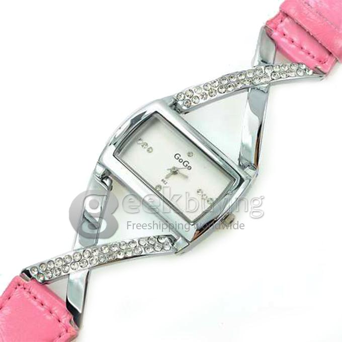 GOGO 862 Woman's Fashion Leather Band Analog Quartz Watch with Diamond - Pink