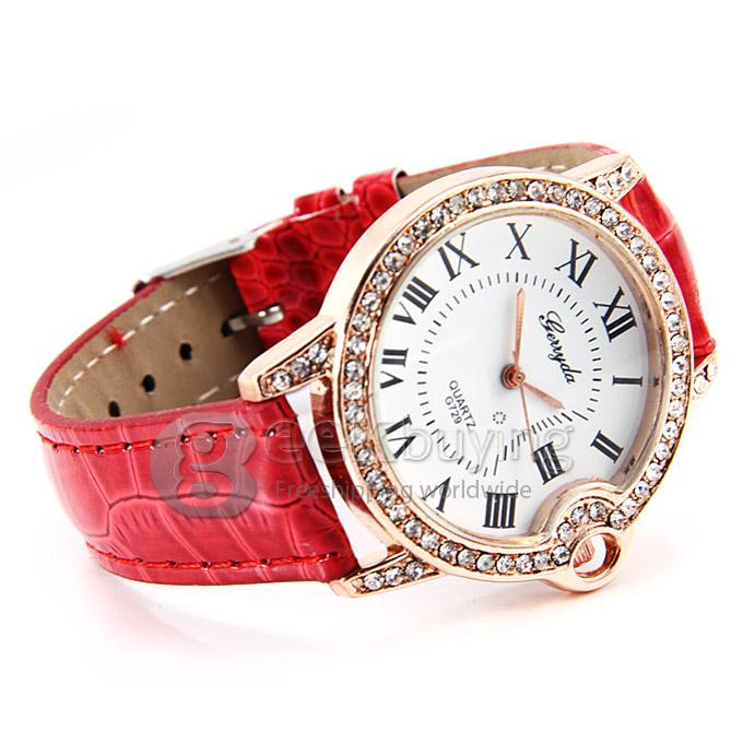 G729 Lady Style Casual Crocodile Leather Band Analog Quartz Watch with Diamond for Woman - Red