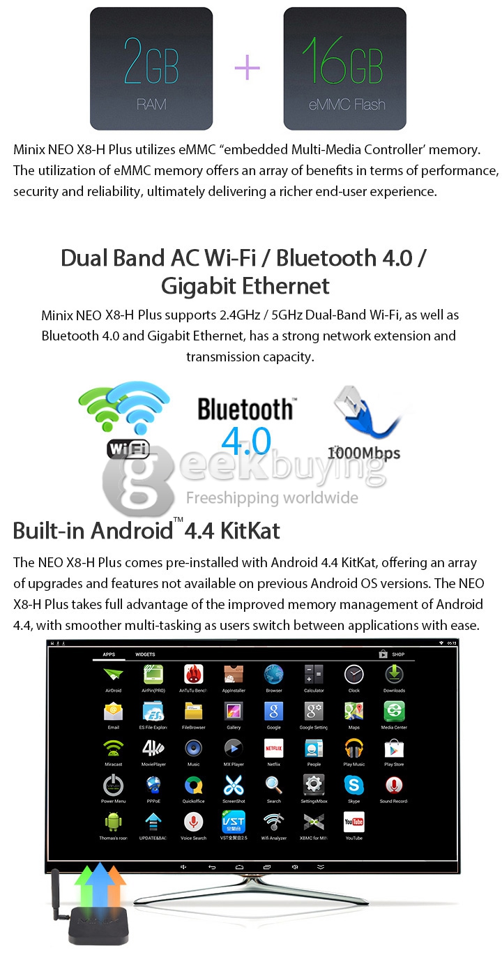 MINIX NEO X8-H Plus Amlogic S812-H Quad Core Android 4.4 Mini TV Box HDMI 2G/16G 4K 802.11AC 2.4G/5.0G WIFI 1000M LAN BT XBMC KODI with Free Minix A2 Lite Air Mouse- Black