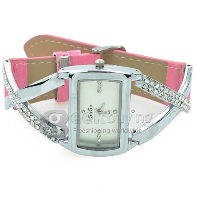 GOGO 862 Woman's Fashion Leather Band Analog Quartz Watch with Diamond - Pink