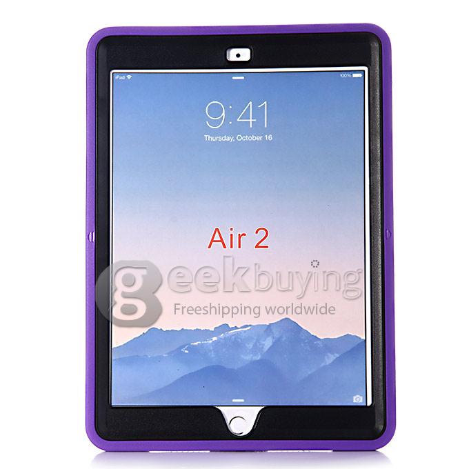 New Silicon 360 Full Degree Rotating Case Cover with Hand Tether Strap for Apple iPad Air 2 - Purple