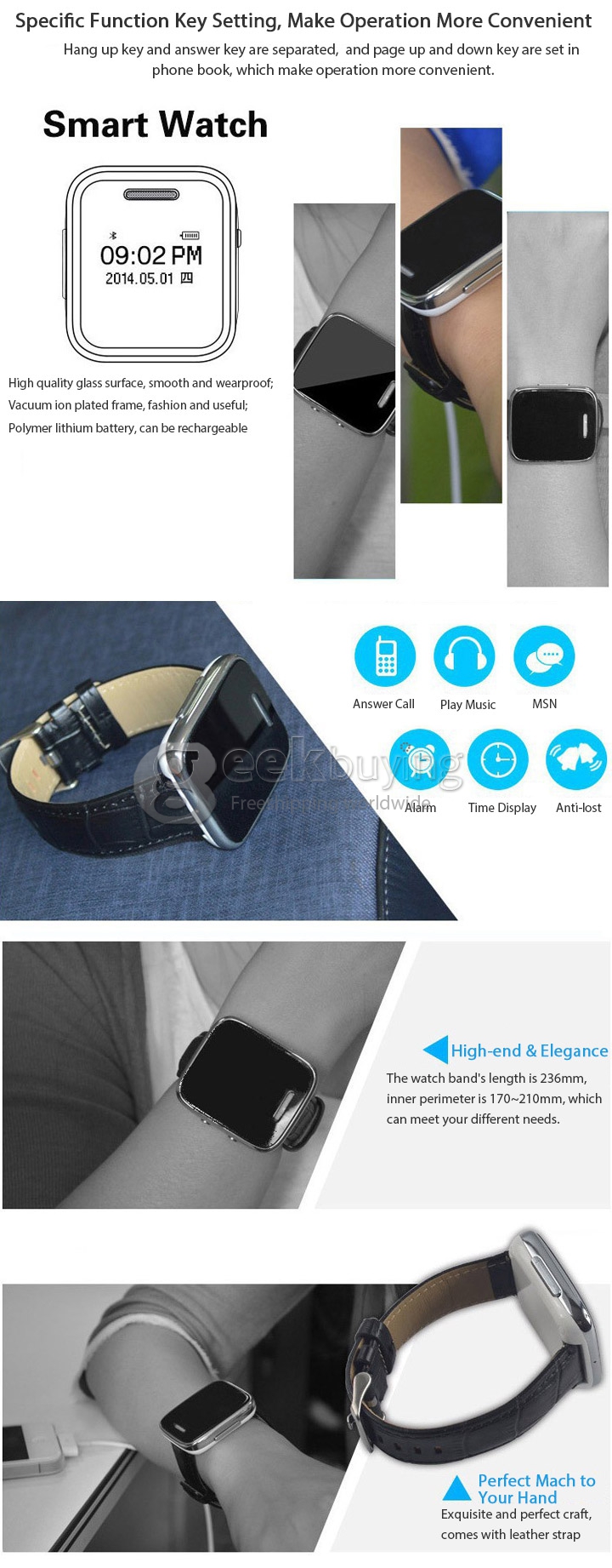 E6 Bluetooth 3.0 Smart Leather Band Watch Wristwatch for Man Woman Phonebook Call SMS Sync for Android iOS Device -Black