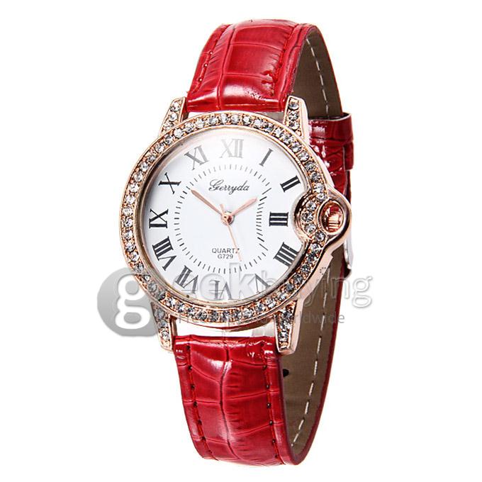 G729 Lady Style Casual Crocodile Leather Band Analog Quartz Watch with Diamond for Woman - Red
